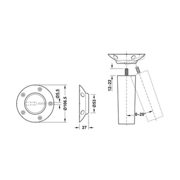 Détail de fixation à angle variable pour pied en bois