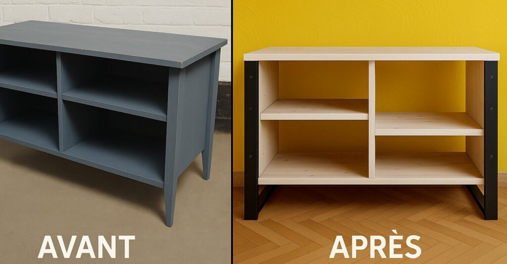 Aperçu avant-après d'un meuble entièrement repensé par l'ébénisterie SuperWAAD. Il s'agit désormais d'un meuble design, dont tout a été conservé hormis les piétements qui ont été entièrement repensés.
